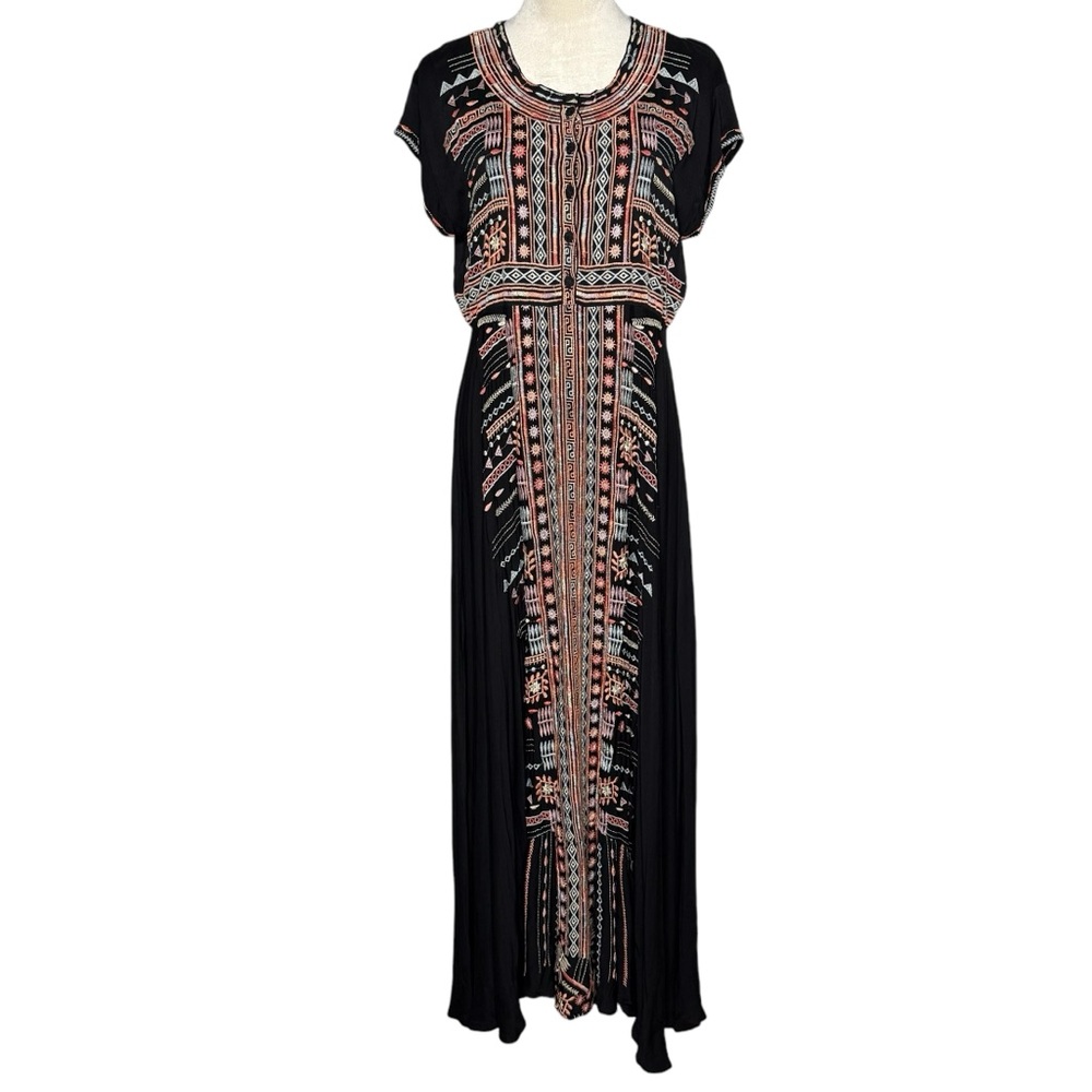 Johnny Was Black Maxi Dress with Pink and Teal Folk Embroidery